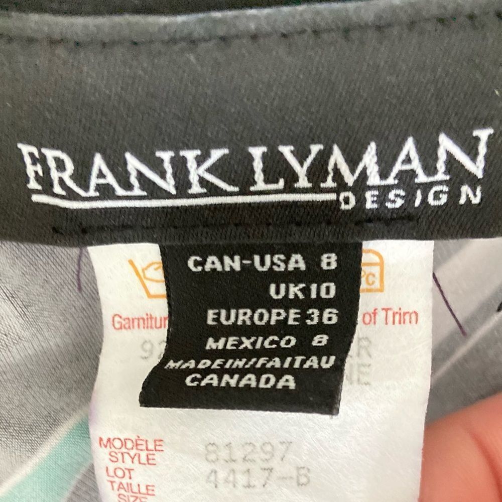 Frank Lyman v neck cap sleeve jersey knit dress black trim & belt graphic print - Picture 10 of 11